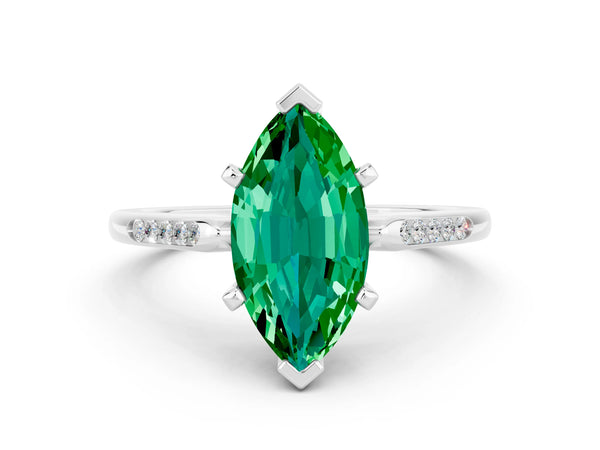 Platinum Marquise Cut Emerald Solitaire Ring with Channel Set Round Band and Prong Setting