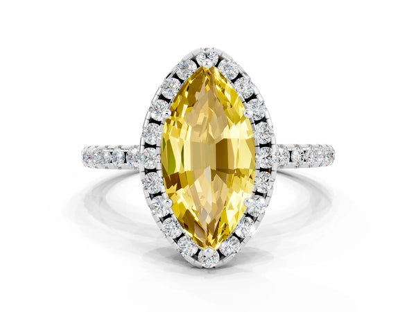 Silver Marquise Cut Yellow Sapphire Halo Engagement Ring with Round Pavé Band and Prong Setting