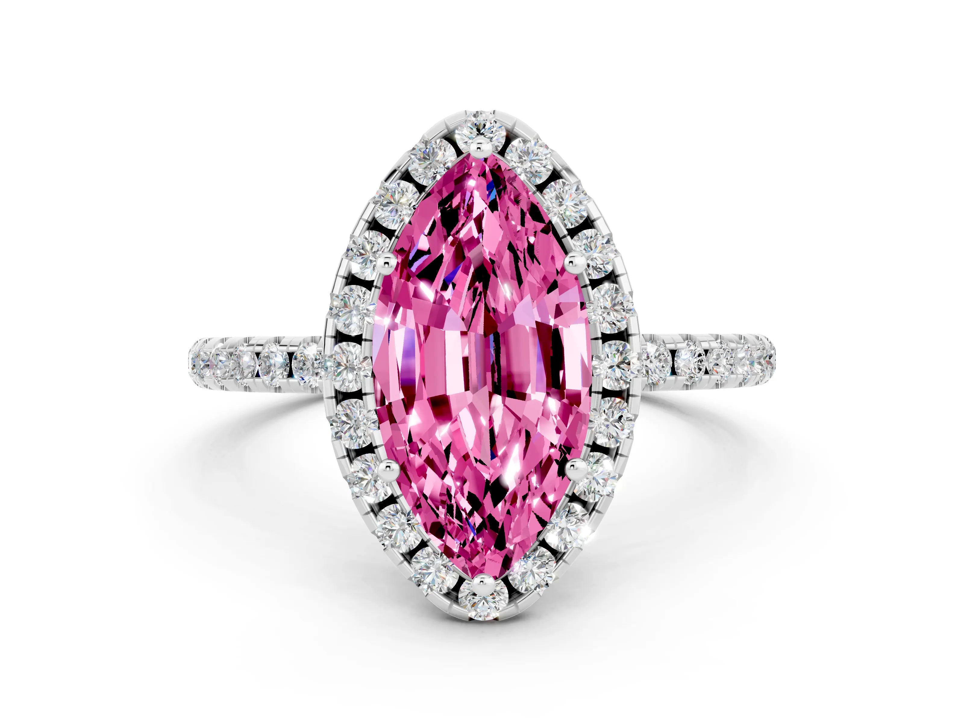 White gold Marquise Cut Cut Diamond Floral Halo Engagement Ring with Pavé Band and Prong Setting