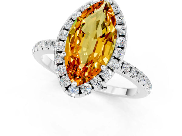 White gold Marquise Cut Citrine Halo Engagement Ring with Round Pavé Band and Prong Setting