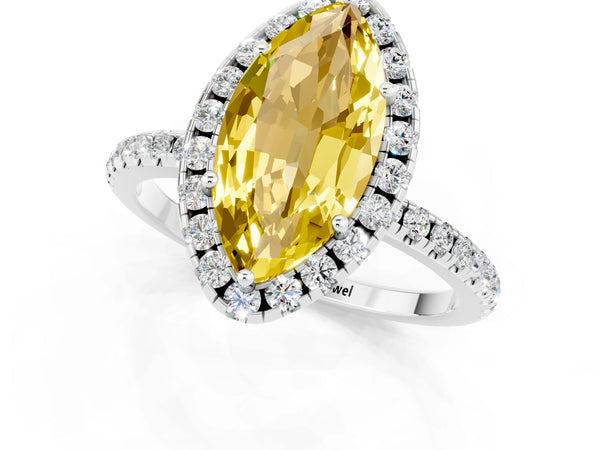 Platinum Marquise Cut Yellow Sapphire Halo Engagement Ring with Round Pavé Band and Prong Setting