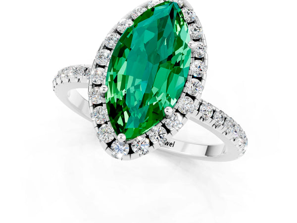 Silver Marquise Cut Emerald Halo Engagement Ring with Round Pavé Band and Prong Setting