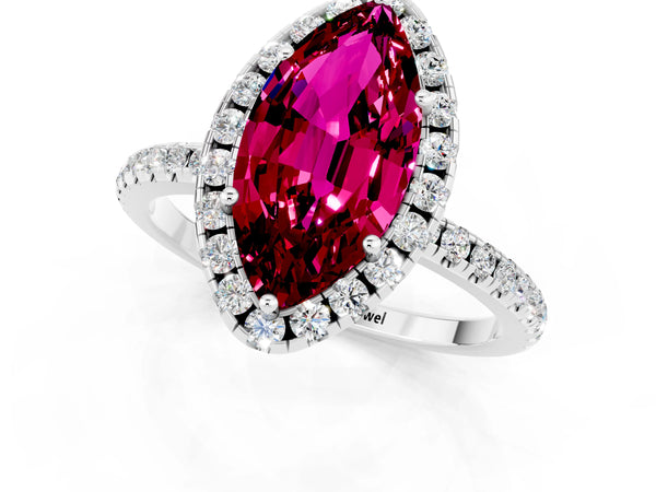 Silver Marquise Cut Garnet Halo Engagement Ring with Round Pavé Band and Prong Setting