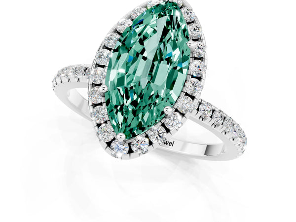 Silver Marquise Cut Green Sapphire Halo Engagement Ring with Round Pavé Band and Prong Setting