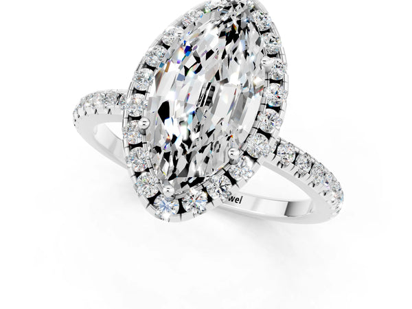 Platinum Marquise Cut Moissanite Halo Engagement Ring with Round Pavé Band and Prong Setting