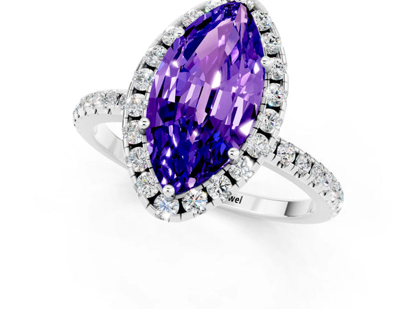 Silver Marquise Cut Tanzanite Halo Engagement Ring with Round Pavé Band and Prong Setting