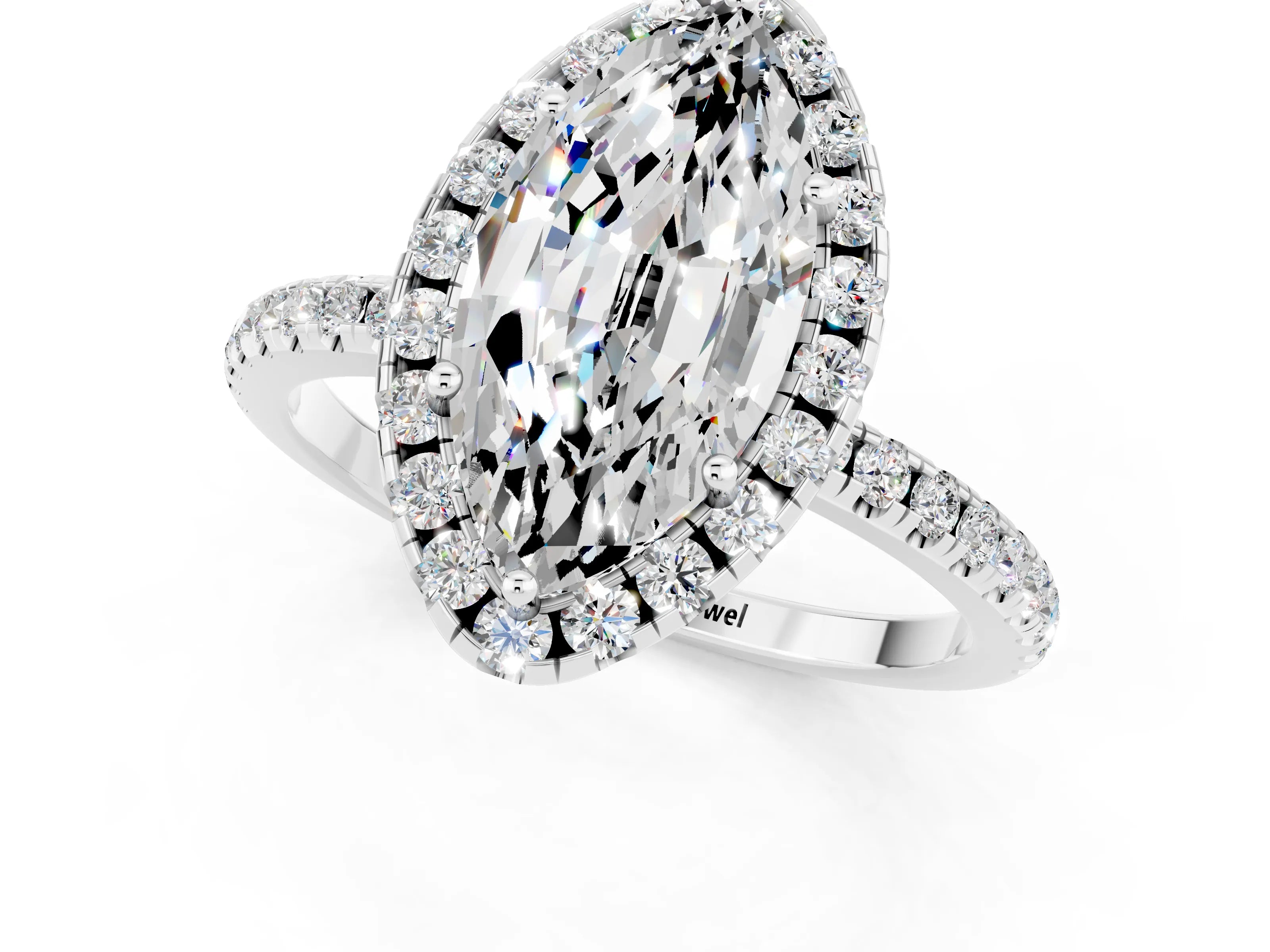White gold Marquise Cut Cut Diamond Floral Halo Engagement Ring with Pavé Band and Prong Setting_1