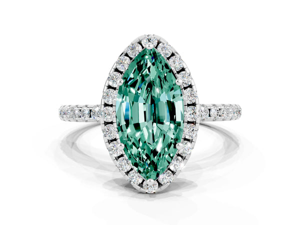 Platinum Marquise Cut Green Sapphire Halo Engagement Ring with Round Pavé Band and Prong Setting