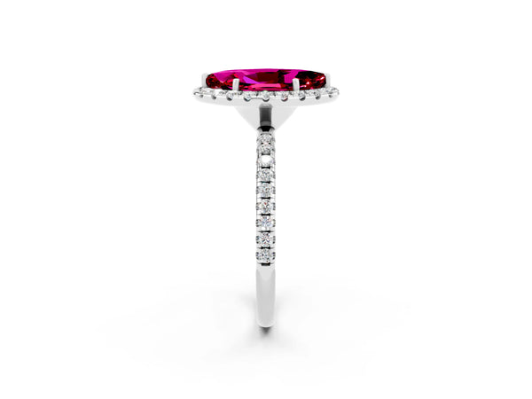 White gold Marquise Cut Garnet Halo Engagement Ring with Round Pavé Band and Prong Setting
