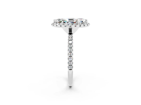 Platinum Marquise Cut Moissanite Halo Engagement Ring with Round Pavé Band and Prong Setting