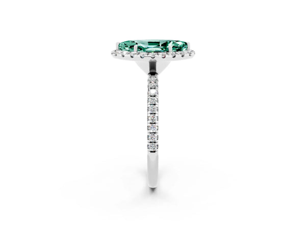 Platinum Marquise Cut Green Sapphire Halo Engagement Ring with Round Pavé Band and Prong Setting
