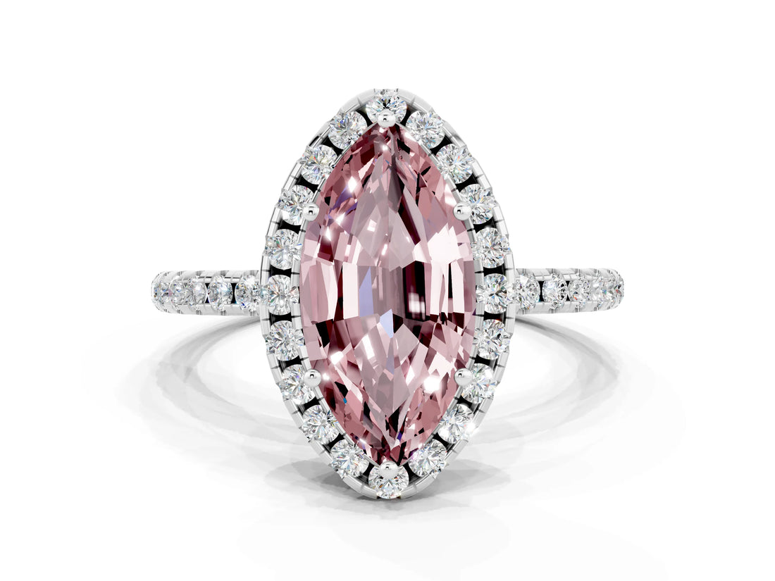 White gold Marquise Cut Cut Diamond Floral Halo Engagement Ring with Pavé Band and Prong Setting