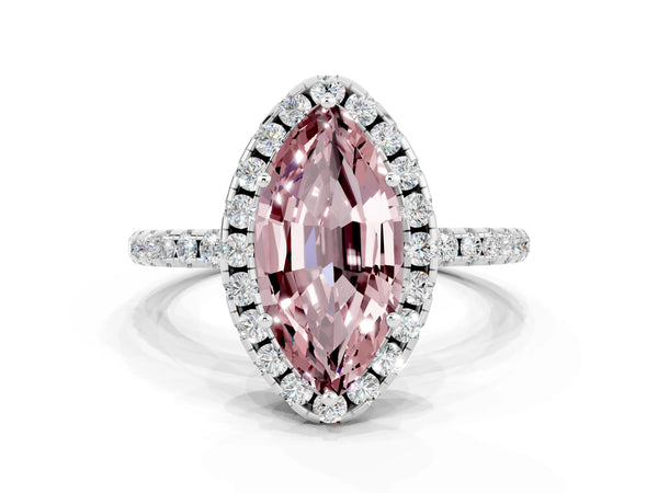 White gold Marquise Cut Cut Diamond Floral Halo Engagement Ring with Pavé Band and Prong Setting