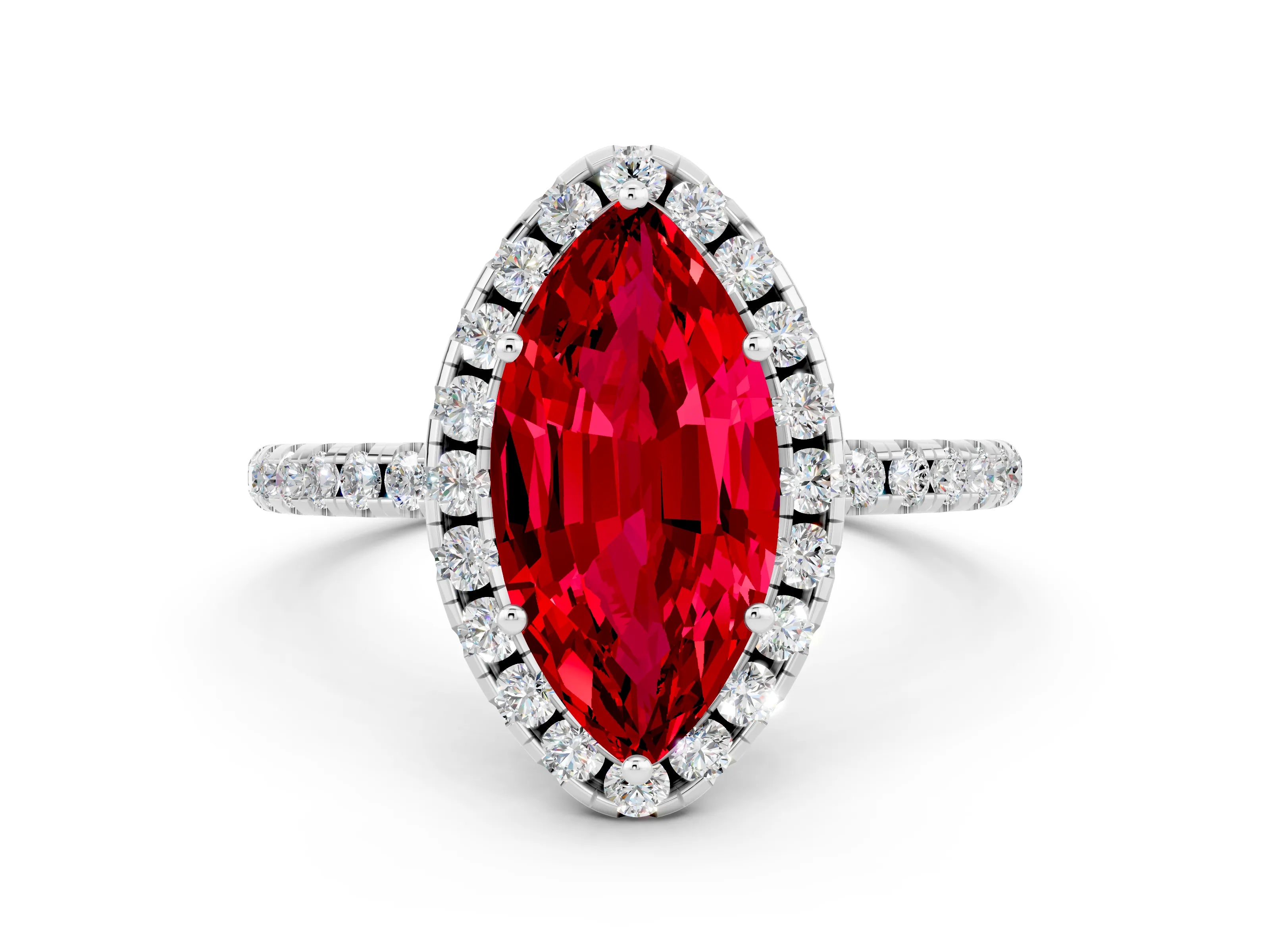 White gold Marquise Cut Cut Diamond Floral Halo Engagement Ring with Pavé Band and Prong Setting