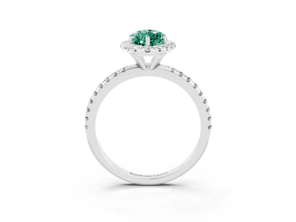 Platinum Marquise Cut Green Sapphire Halo Engagement Ring with Round Pavé Band and Prong Setting