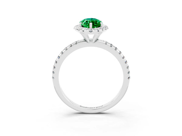 Silver Marquise Cut Emerald Halo Engagement Ring with Round Pavé Band and Prong Setting