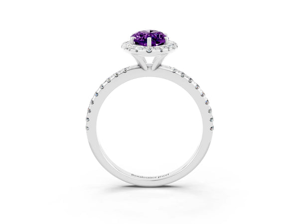 White Gold Marquise Amethyst Halo Engagement Ring with Single Row Pave Band