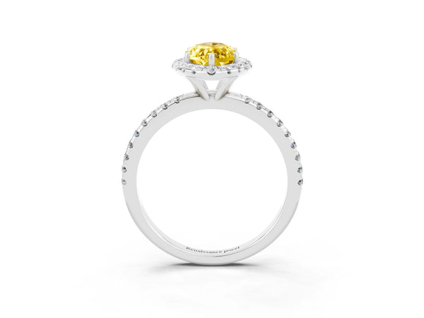 Silver Marquise Cut Yellow Sapphire Halo Engagement Ring with Round Pavé Band and Prong Setting