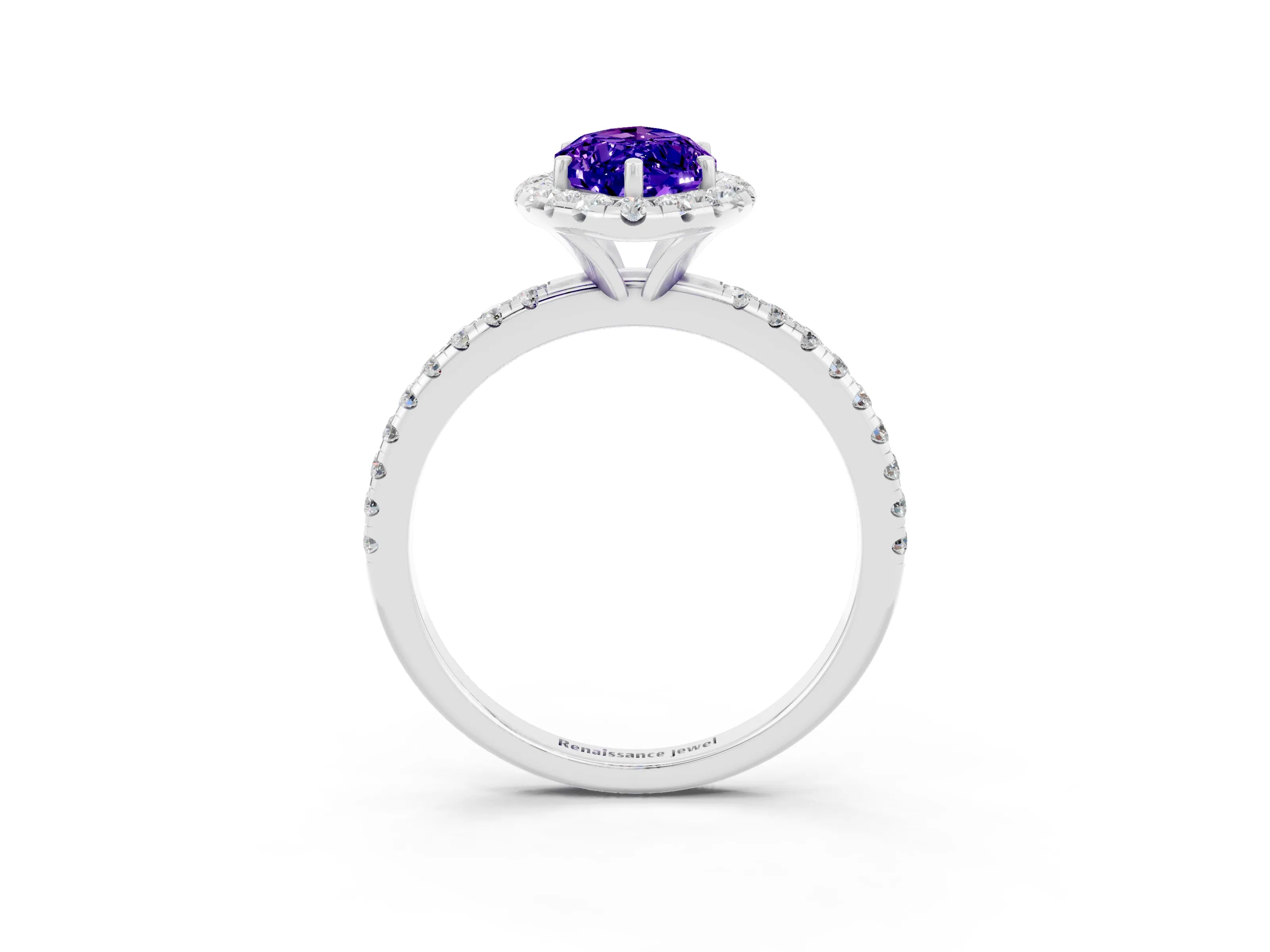 White gold Marquise Cut Cut Diamond Floral Halo Engagement Ring with Pavé Band and Prong Setting_3