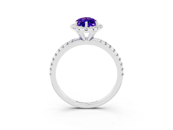 Silver Marquise Cut Tanzanite Halo Engagement Ring with Round Pavé Band and Prong Setting
