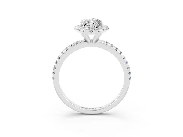 White gold Marquise Cut Moissanite Halo Engagement Ring with Round Pavé Band and Prong Setting