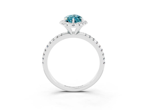 Silver Marquise Cut Cut Diamond Floral Halo Engagement Ring with Pavé Band and Prong Setting