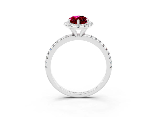 Silver Marquise Cut Garnet Halo Engagement Ring with Round Pavé Band and Prong Setting