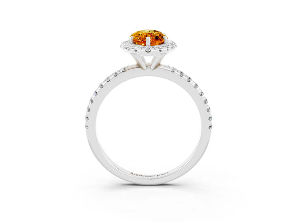 Silver Marquise Cut Citrine Halo Engagement Ring with Round Pavé Band and Prong Setting