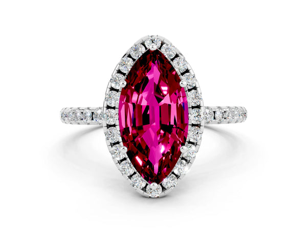 White gold Marquise Cut Garnet Halo Engagement Ring with Round Pavé Band and Prong Setting