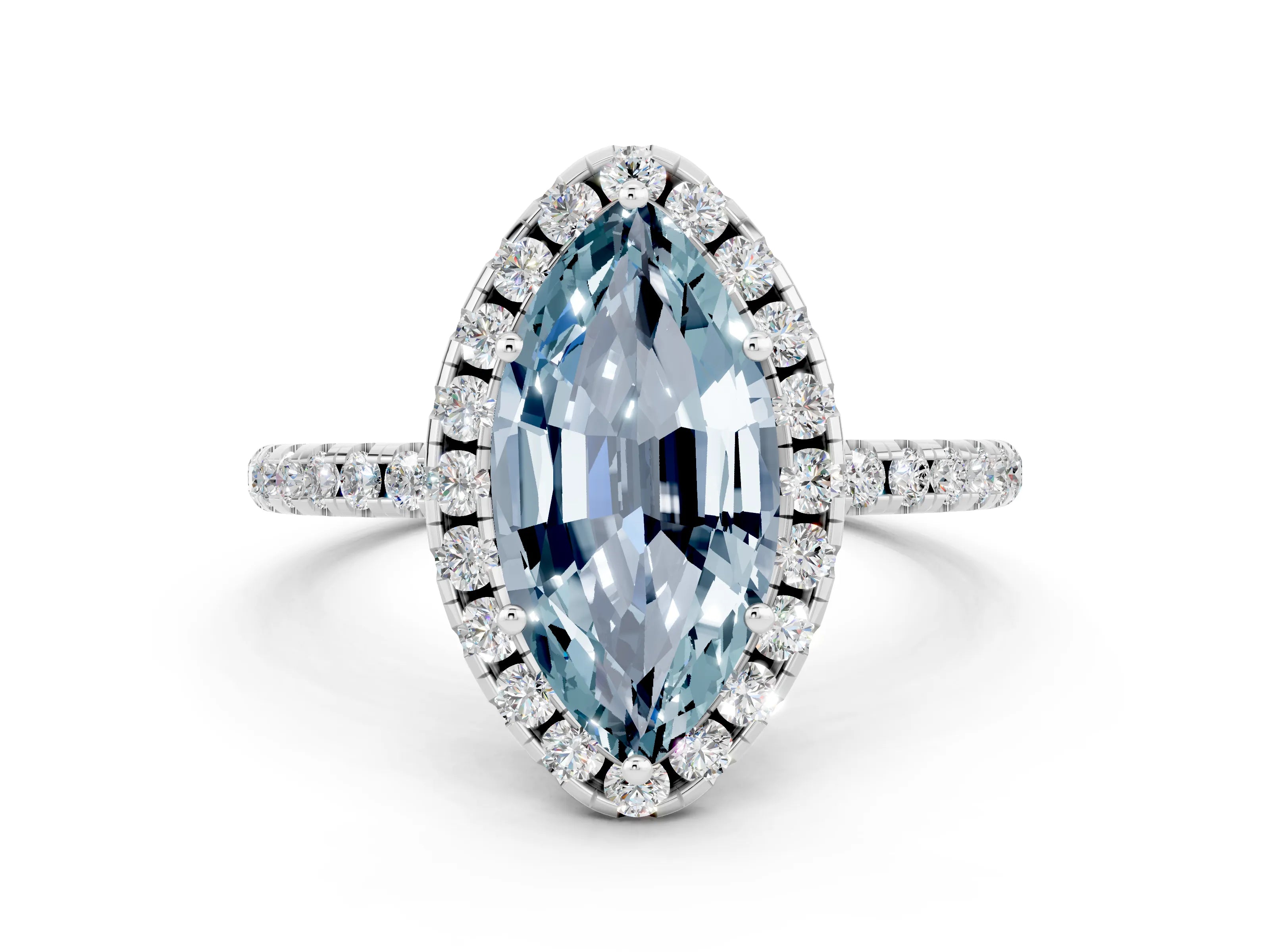 White gold Marquise Cut Cut Diamond Floral Halo Engagement Ring with Pavé Band and Prong Setting