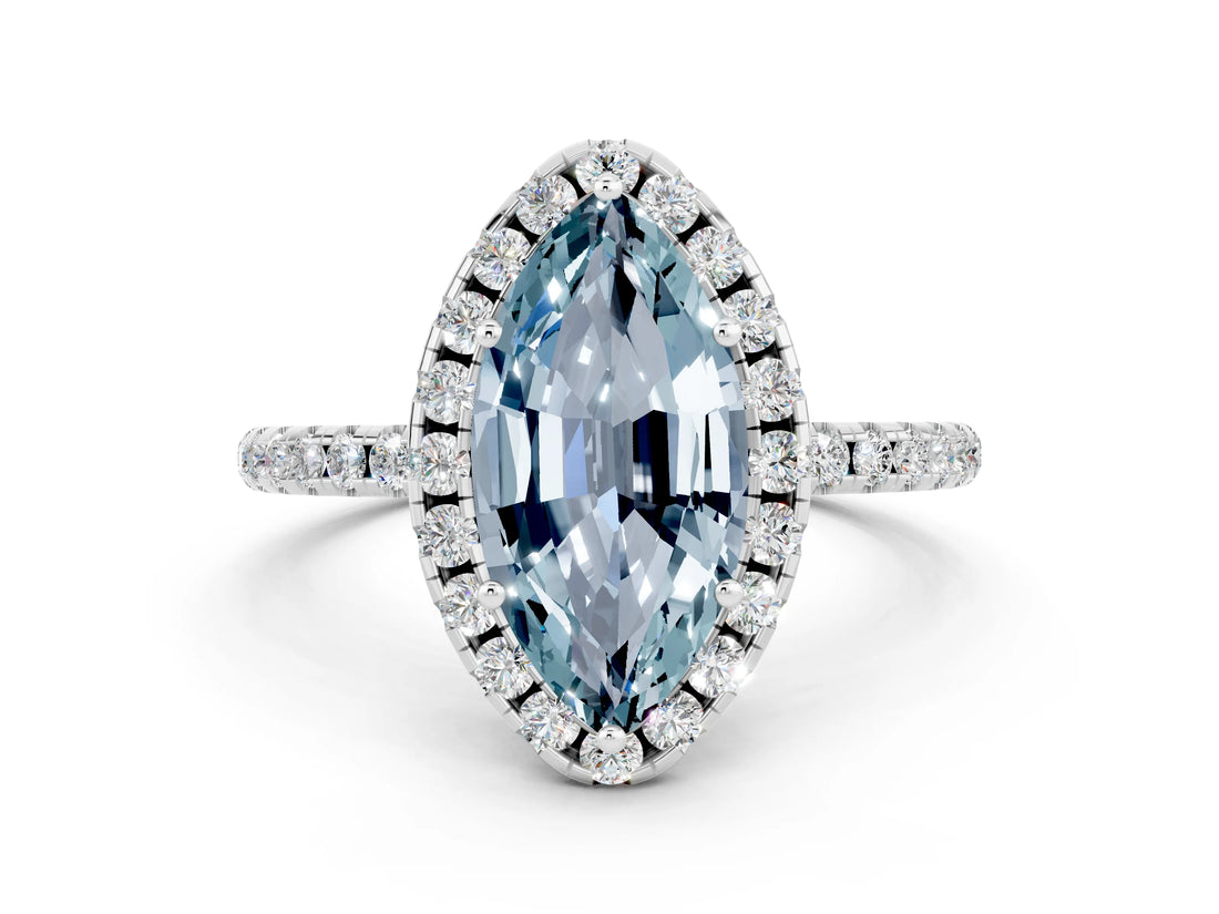 White gold Marquise Cut Cut Diamond Floral Halo Engagement Ring with Pavé Band and Prong Setting