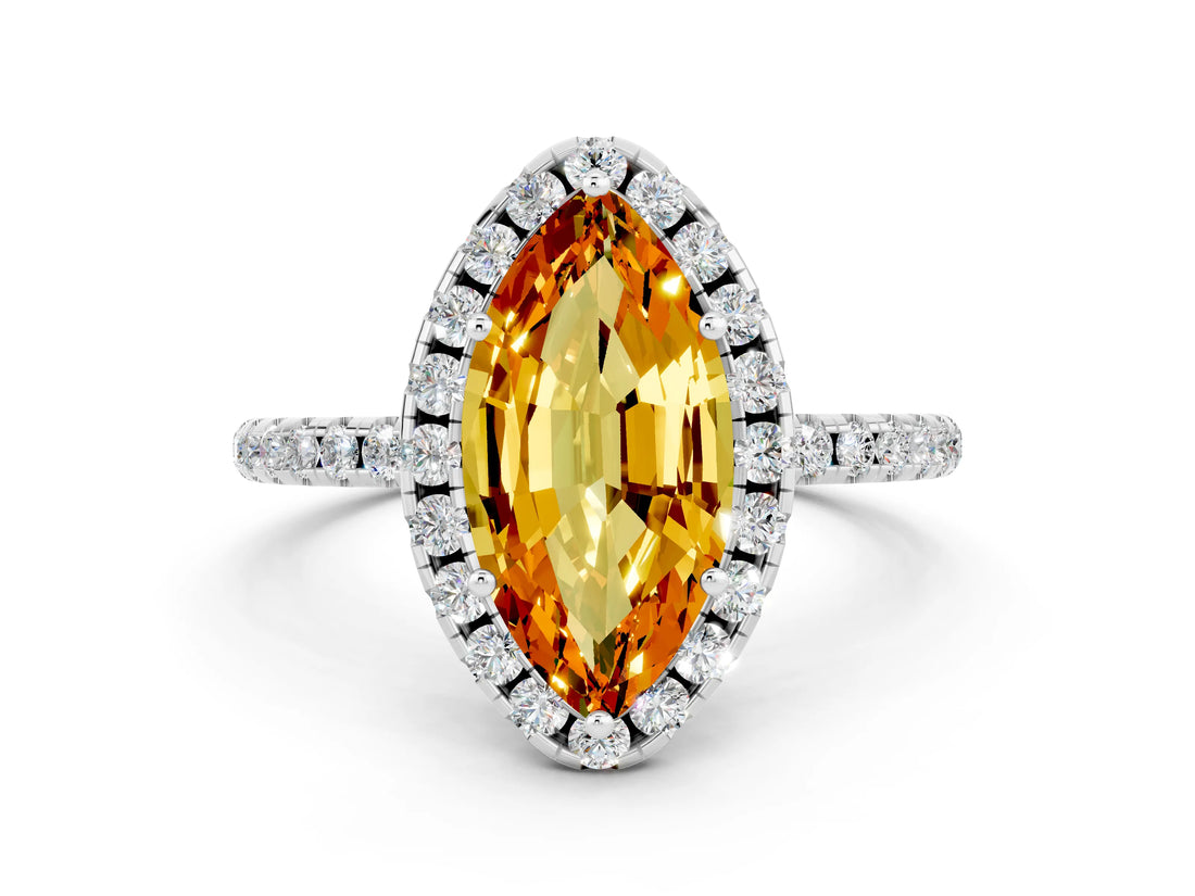 White gold Marquise Cut Cut Diamond Floral Halo Engagement Ring with Pavé Band and Prong Setting