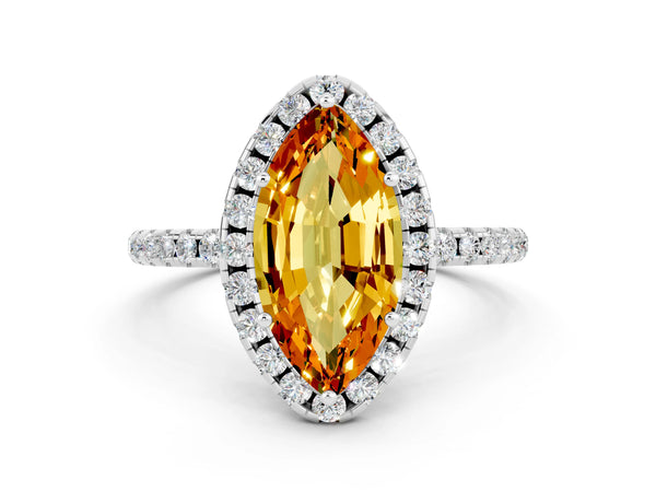 Silver Marquise Cut Citrine Halo Engagement Ring with Round Pavé Band and Prong Setting