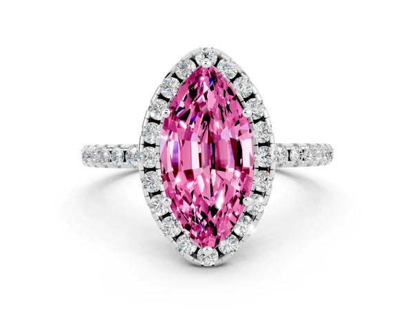 Platinum Marquise Cut Cut Diamond Floral Halo Engagement Ring with Pavé Band and Prong Setting