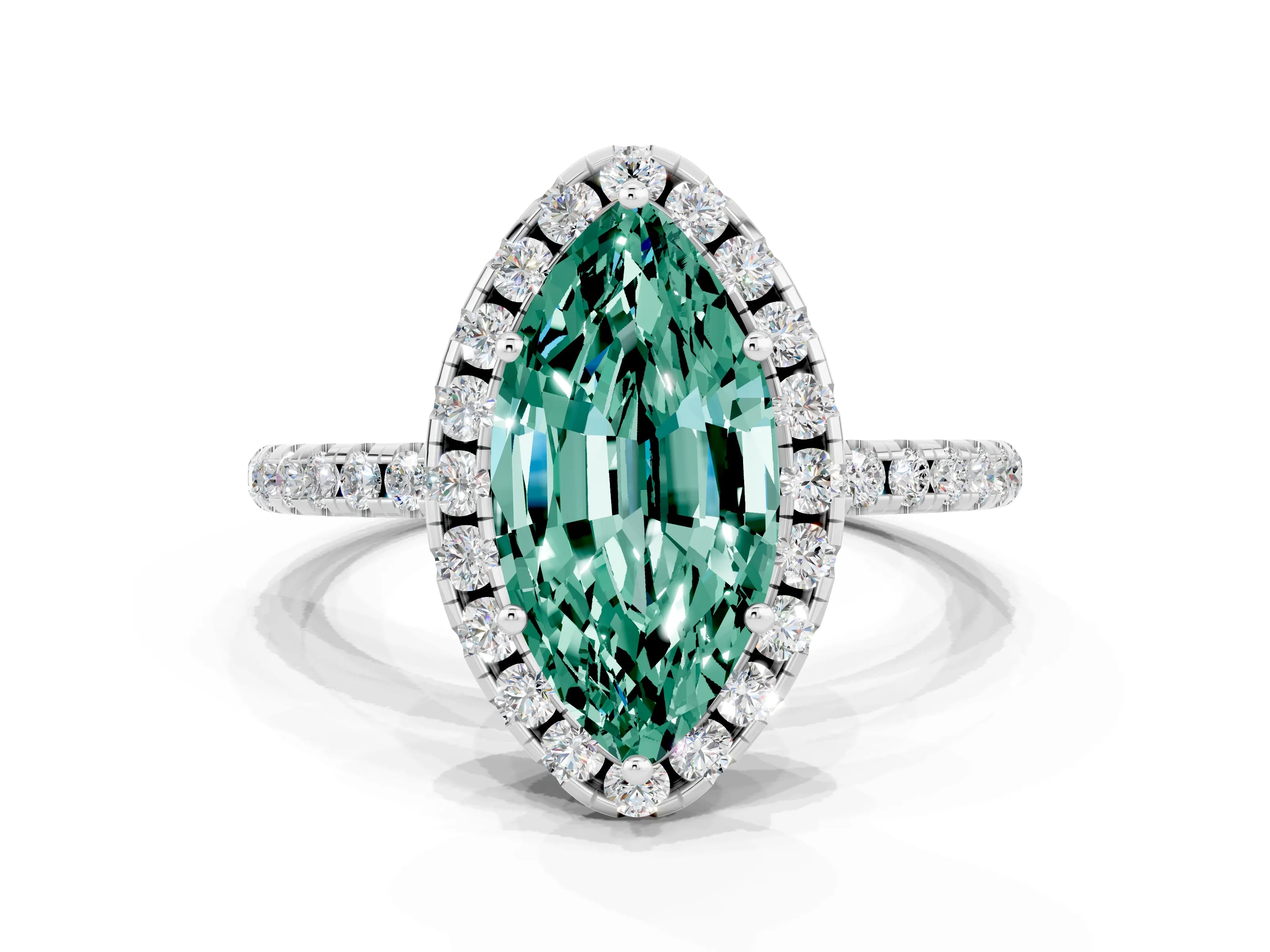 White gold Marquise Cut Cut Diamond Floral Halo Engagement Ring with Pavé Band and Prong Setting