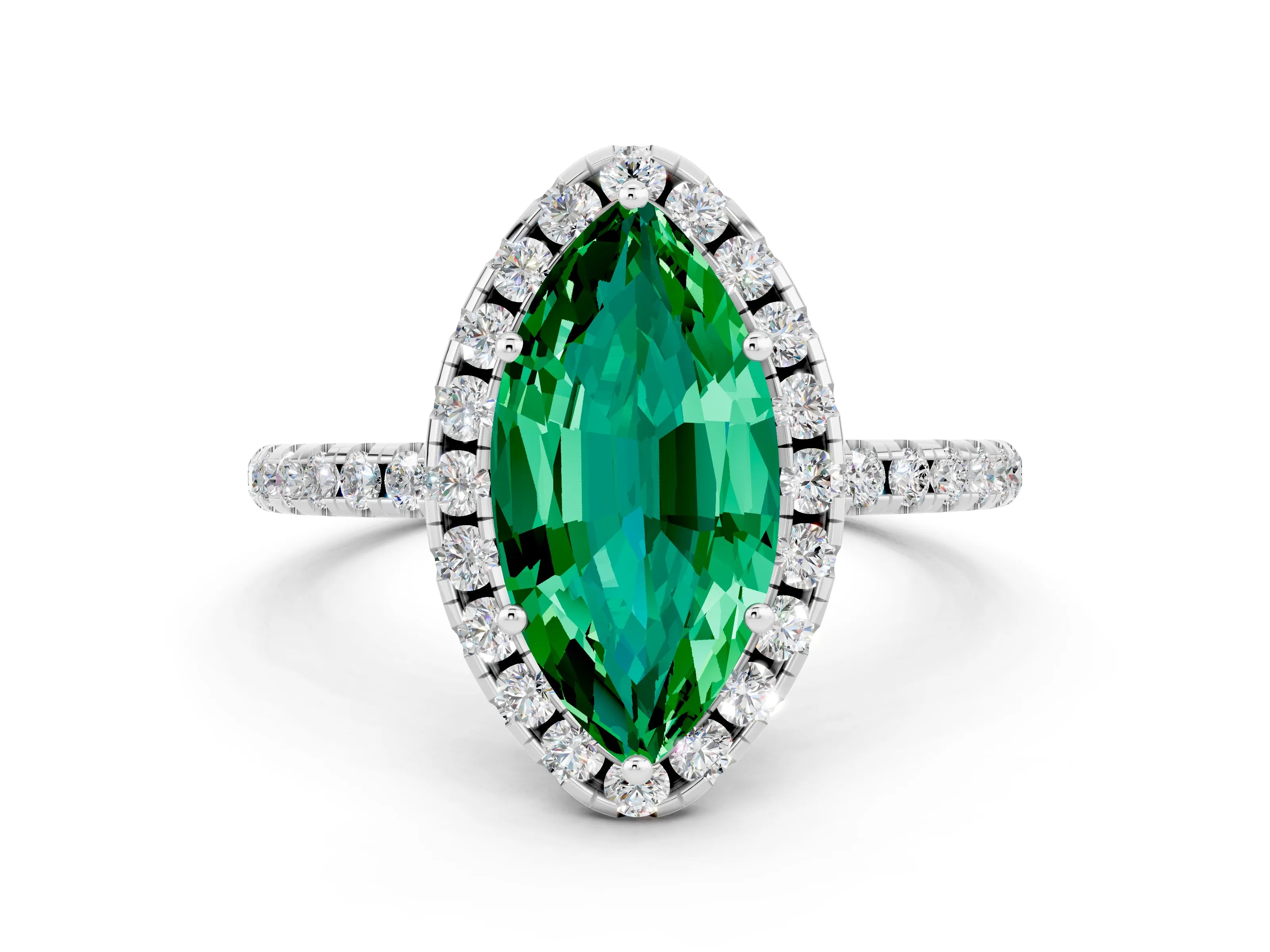 White gold Marquise Cut Cut Diamond Floral Halo Engagement Ring with Pavé Band and Prong Setting
