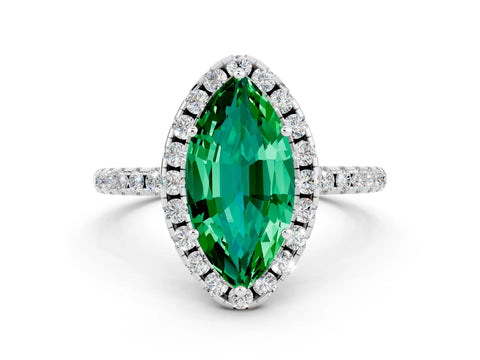 White gold Marquise Cut Cut Diamond Floral Halo Engagement Ring with Pavé Band and Prong Setting