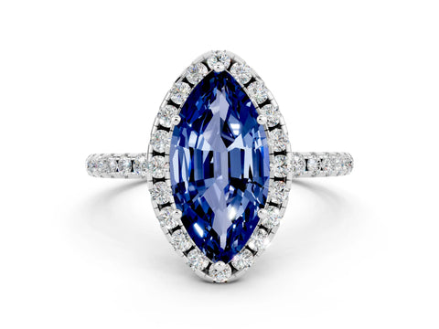 White gold Marquise Cut Cut Diamond Floral Halo Engagement Ring with Pavé Band and Prong Setting