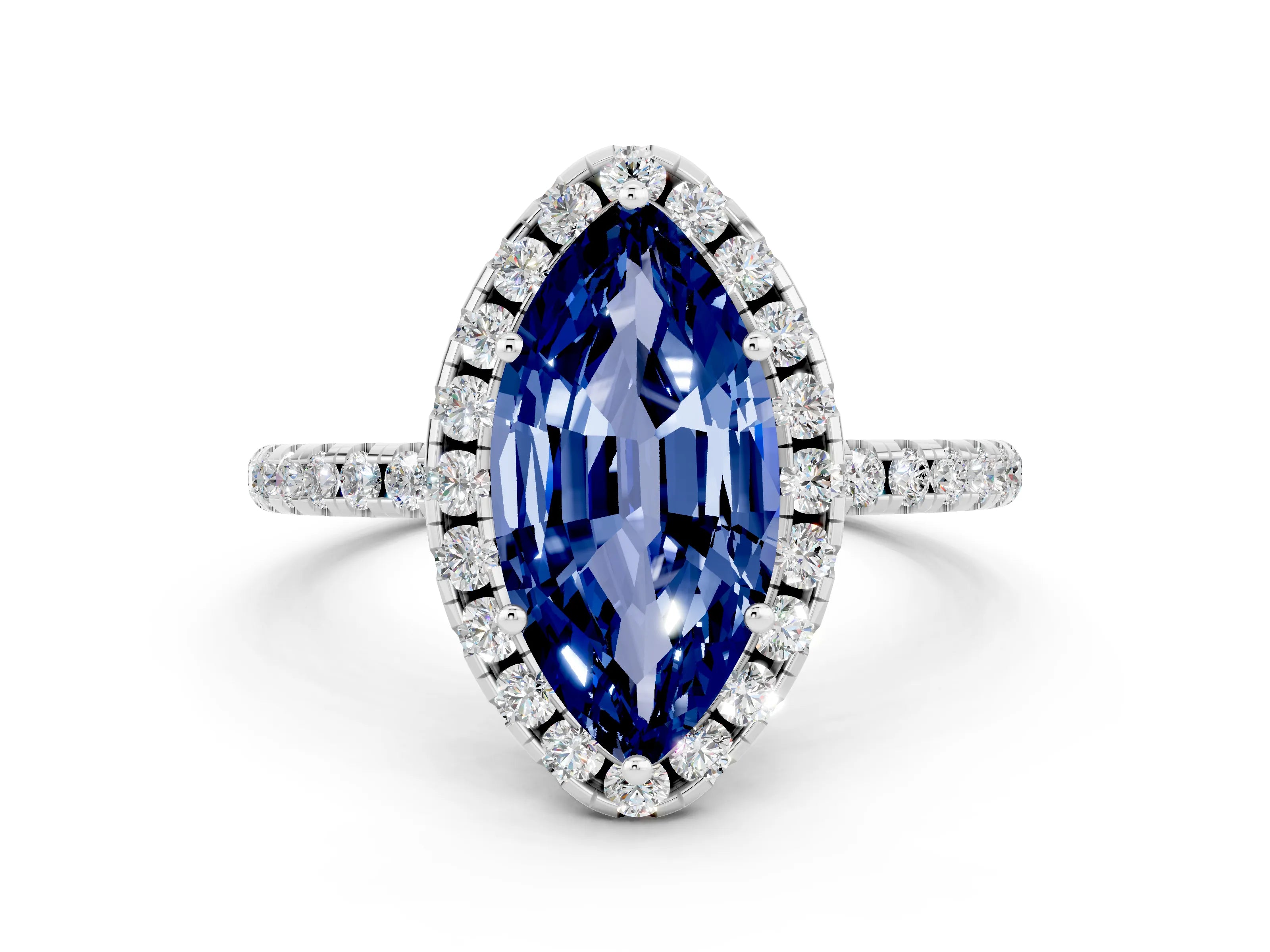 White gold Marquise Cut Cut Diamond Floral Halo Engagement Ring with Pavé Band and Prong Setting