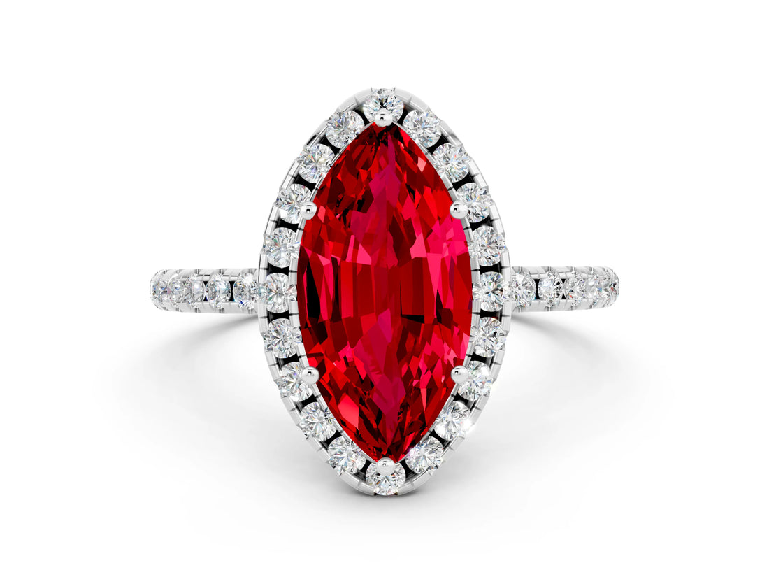White gold Marquise Cut Cut Diamond Floral Halo Engagement Ring with Pavé Band and Prong Setting
