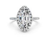 White gold Marquise Cut Cut Diamond Floral Halo Engagement Ring with Pavé Band and Prong Setting