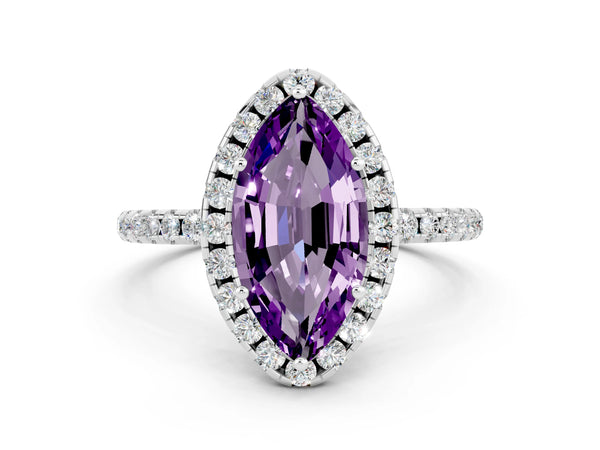 White Gold Marquise Amethyst Halo Engagement Ring with Single Row Pave Band