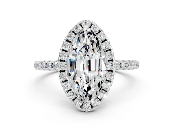Silver Marquise Cut Moissanite Halo Engagement Ring with Round Pavé Band and Prong Setting