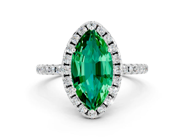 Silver Marquise Cut Emerald Halo Engagement Ring with Round Pavé Band and Prong Setting