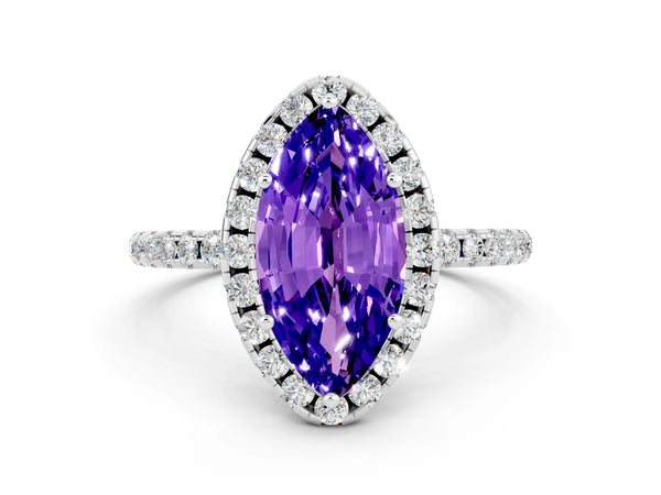 Silver Marquise Cut Tanzanite Halo Engagement Ring with Round Pavé Band and Prong Setting