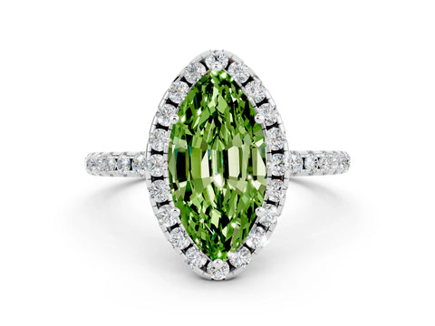 White gold Marquise Cut Cut Diamond Floral Halo Engagement Ring with Pavé Band and Prong Setting