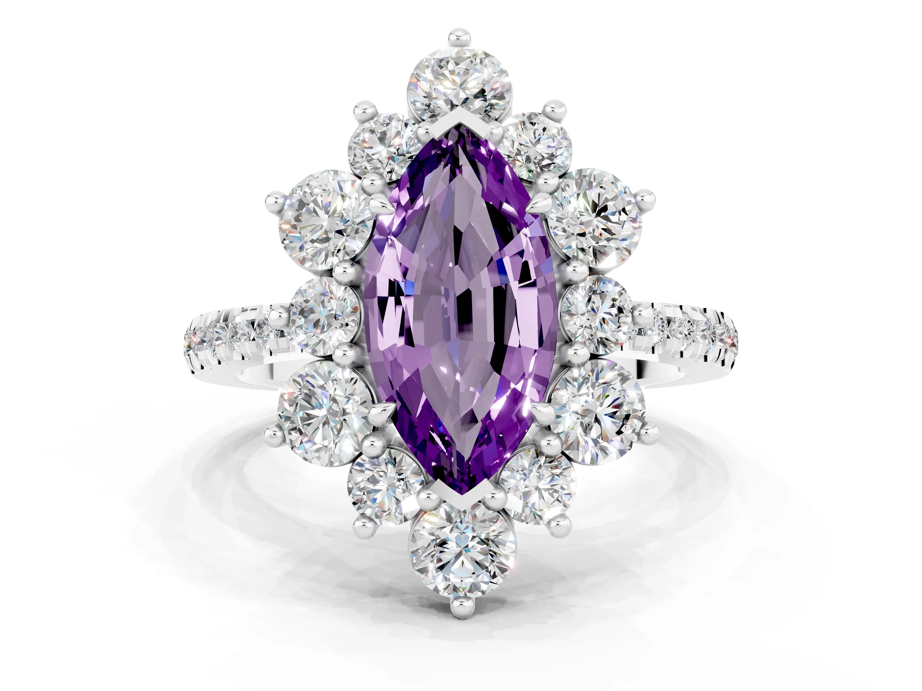 White gold Marquise Cut Cut Diamond Floral Halo Pave Band with Prong Setting