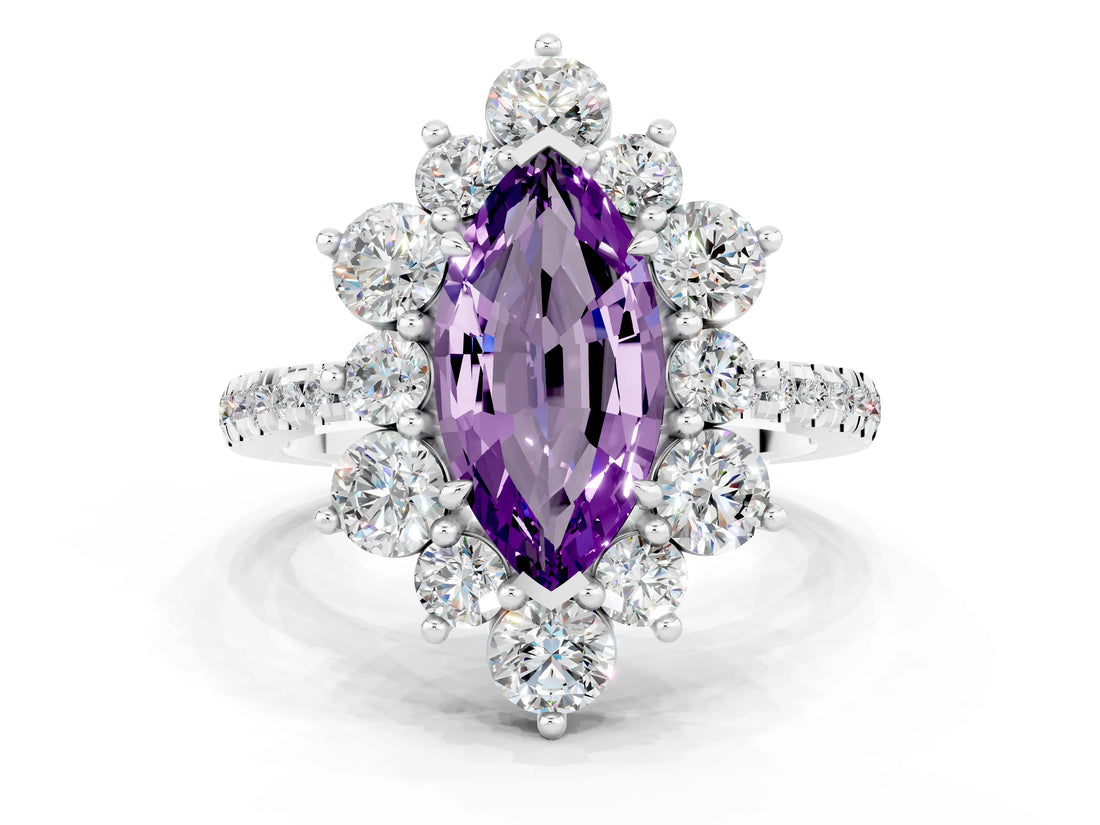 White gold Marquise Cut Cut Diamond Floral Halo Pave Band with Prong Setting