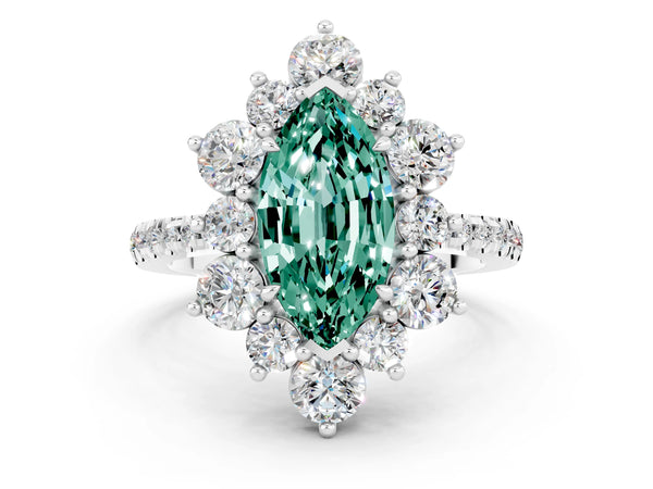 Silver Marquise Cut Green Sapphire Floral Halo Ring with Round Pavé Band and Prong Setting