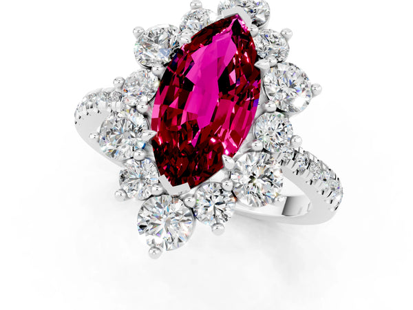 White gold Marquise Cut Garnet Floral Halo Ring with Round Pavé Band and Prong Setting